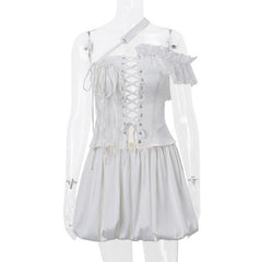 One off shoulder irregular lace up satin ruffle puff skirt set