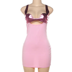 Hollow out metallic patchwork backless cami mini dress
