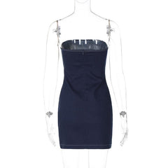 Denim stitch zip-up backless tube mini dress