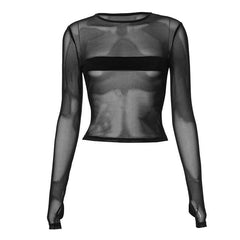 Long sleeve mesh patchwork crewneck gloves top