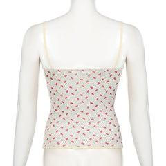 V neck cherry print bowknot lace hem polka dot cami top