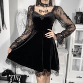 Velvet lace patchwork long sleeve contrast mini dress | red tango dress