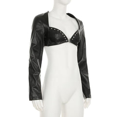 PU leather sweetheart neck long sleeve crop top