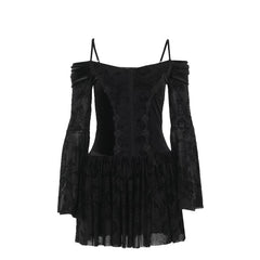 Off shoulder long flared sleeve velvet mini dress