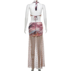 Halter fishnet tie dye hollow out high slit maxi skirt set