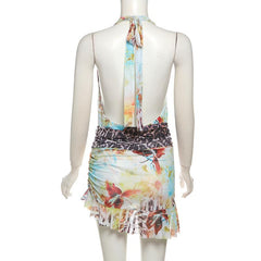 Irregular halter deep V neck print sheer mesh mini dress | samba dress
