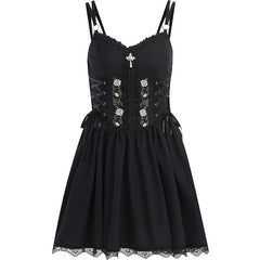 Sweetheart neck embroidery ruffle lace up cami mini dress