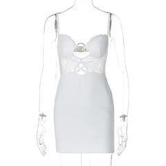 O ring lace ruched button backless cami mini dress