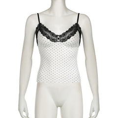 V neck lace hem polka dot button cami top