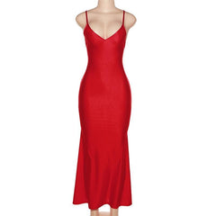 Low cut v neck ruched solid backless cami maxi dress | red tango dress