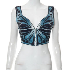 V neck butterfly print buttoned crop top