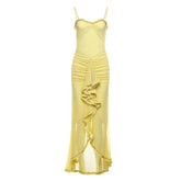 Mesh ruffle solid backless cami maxi dress