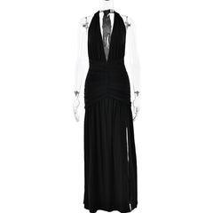 Halter deep v neck backless high slit maxi dress