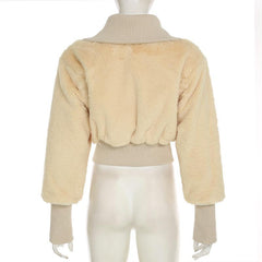 Turnover collar long sleeve button fluffy coat top