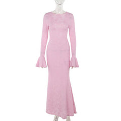 Crewneck long sleeve lace up flower pattern maxi dress