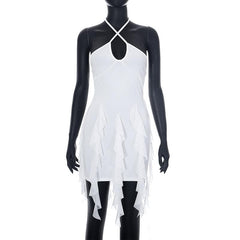Ruffle halter solid cross front backless self tie mini dress | black rave dress | black rave dress