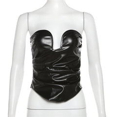 PU leather ruched sweetheart neck solid tube top