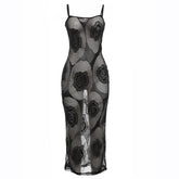 Rose pattern fishnet see through cami midi dress