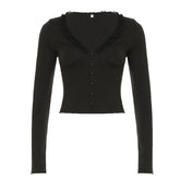 Long sleeve v neck ruffle button top