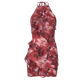 Halter self tie flower print backless ruffle mini dress | red tango dress
