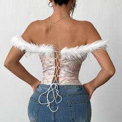 Off shoulder fluffy print corset bowknot top