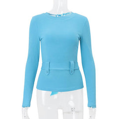 Crewneck long sleeve belt knotted knitted top