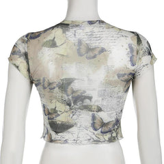 Short sleeve crewneck butterfly print sheer mesh top