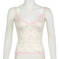 V neck lace hem flower print ruched bowknot cami top
