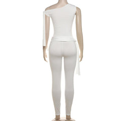 One shoulder self tie irregular solid high rise pant set