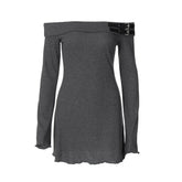 Off shoulder long sleeve buckle mini dress