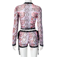 Long sleeve lace hem abstract print self tie short pant set