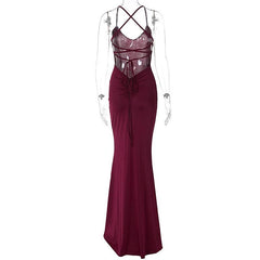 Ruched solid backless cross back v neck lace up maxi dress | red tango dress
