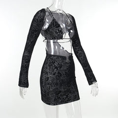 Long sleeve butterfly print o ring 2 piece mini dress
