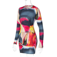 Long sleeve tie dye round neck mini skirt set
