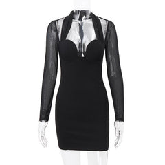 Long sleeve halter mesh zip-up mini dress