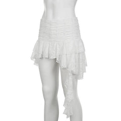 Ruched lace patchwork ruffle irregular mini skirt