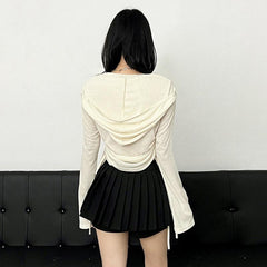 Hoodie long sleeve button drawstring ruched top