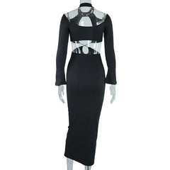 Hollow out cross front solid long sleeve halter midi dress | black rave dress | black rave dress