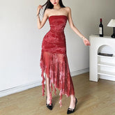 Ruched mesh loong print ruffle tube midi dress | red tango dress
