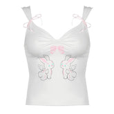 Bowknot rabbit print ruched v neck cami top