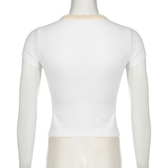 Short sleeve ribbon lace hem bowknot top