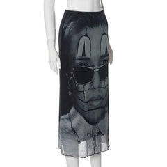 Abstract contrast print low rise mesh ruffle midi skirt
