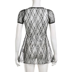 Lace short sleeve button see through ruffle solid top
