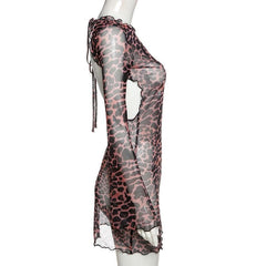 Sheer mesh leopard print contrast see through self tie backless mini dress | samba dress