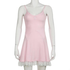 V neck lace hem ruffle cami mini dress