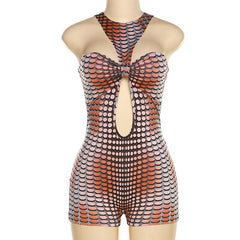 Crewneck polka dot print hollow out romper