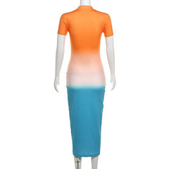 Short sleeve crewneck stitch contrast hollow out midi dress