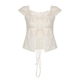 U neck puff sleeve textured ruffle top