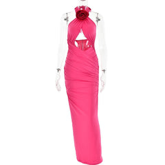 Ruched halter flower applique hollow out cross front contrast maxi dress | red tango dress | black rave dress