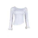 Long sleeve irregular solid feather round neck top